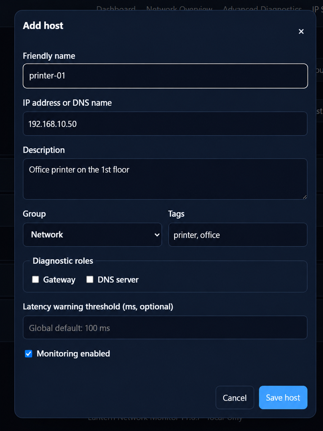 Lantern Add Host dialog